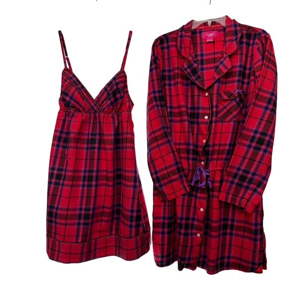 Victoria's Secret Other - Victorias Secret 2pc M Flannel Babydoll Dress & Night Shirt Lounge‎ Leisure Y2K